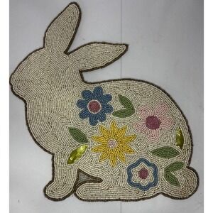 🐰Easter Bunny Shaped Floral Hand Beaded 15" Placemat Sequins Rabbit